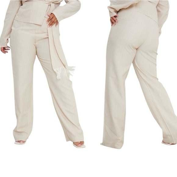 Pretty Little Thing NWT Beige Woven Straight Leg High Rise Trouser Pants Size 22 - Picture 1 of 8
